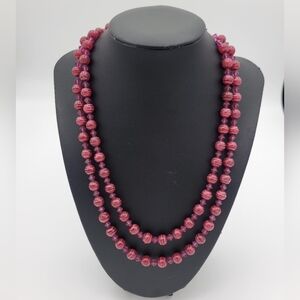 Vintage Double Strand Red/pink Glass Layered Gold Tone Necklace